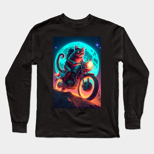 Cyber Cat Riding Dirt Bike Long Sleeve T-Shirt by KoolArtDistrict